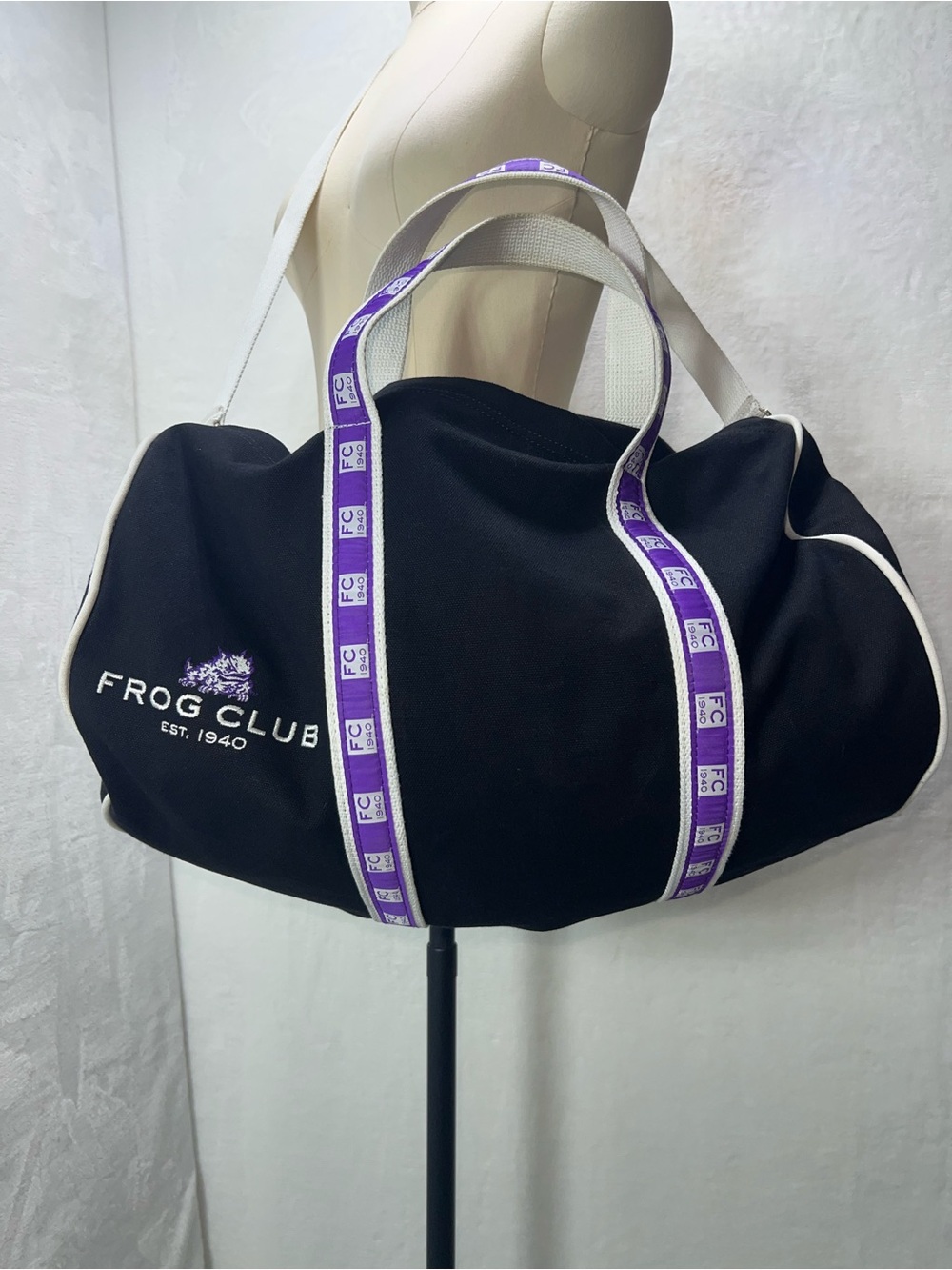 TCU Frog Club Black Round Barrel Duffel Bag